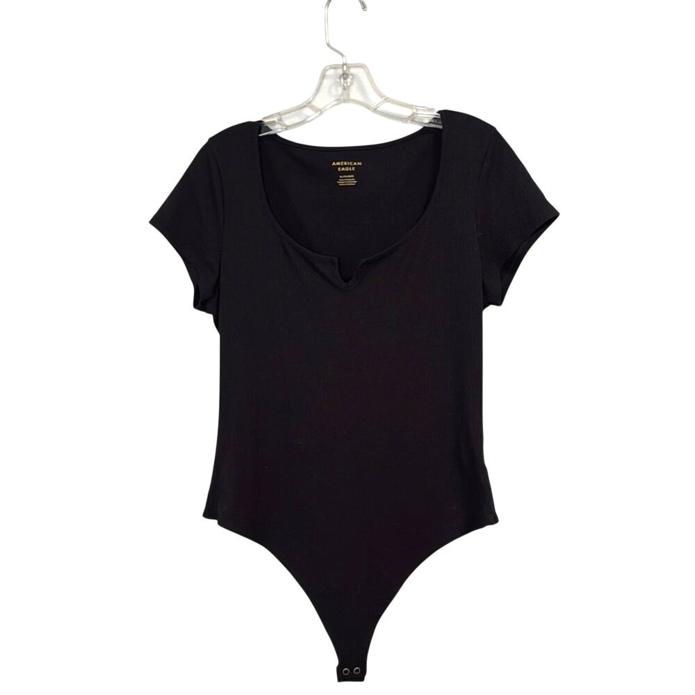 American Eagle Scoop Neck Short Sleeve Ribbed Soft Bodysuit Black XL